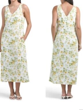 Laura Ashley Floral Lace Trim Linen Maxi Boho Coastal Euro Summer Dress